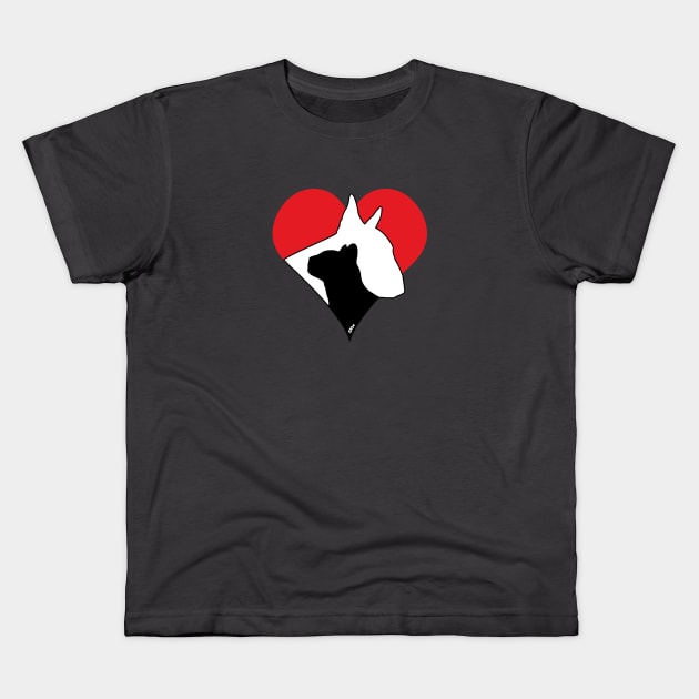 Bull Terrier Cat Love Kids T-Shirt by meownarchy